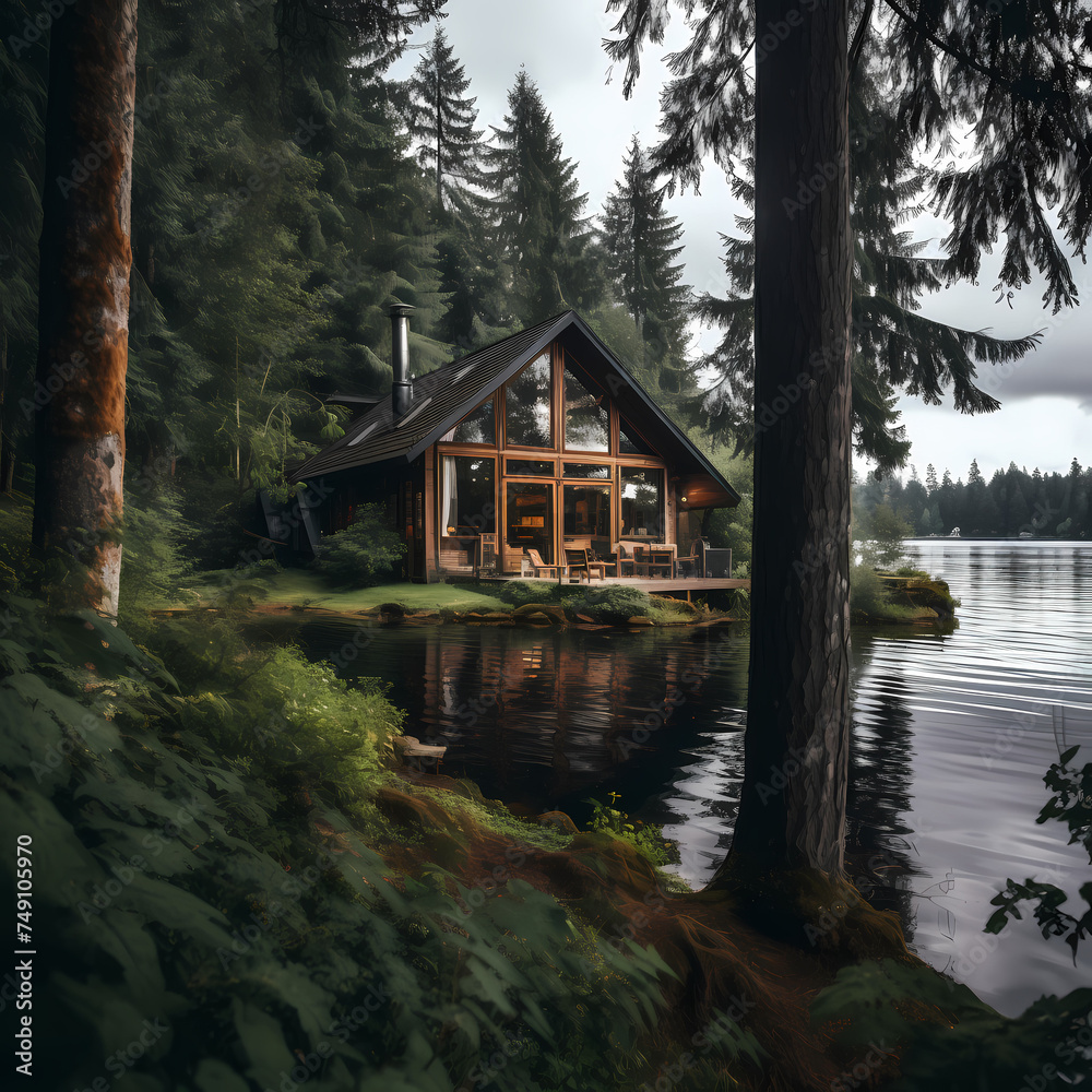 A peaceful lakeside cabin surrounded by trees. 