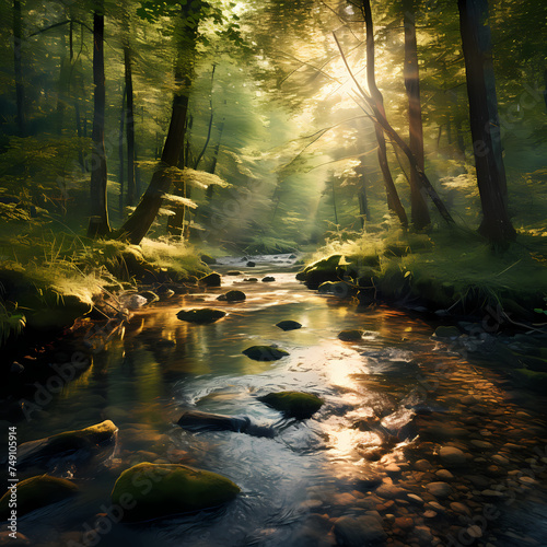 A peaceful forest stream with sunlight filtering through.