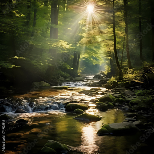 A peaceful forest stream with sunlight filtering through.