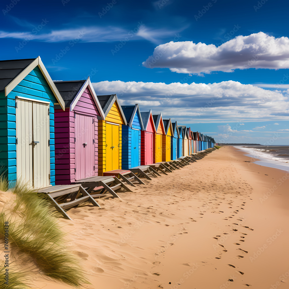 A row of colorful beach huts against a sandy shore 