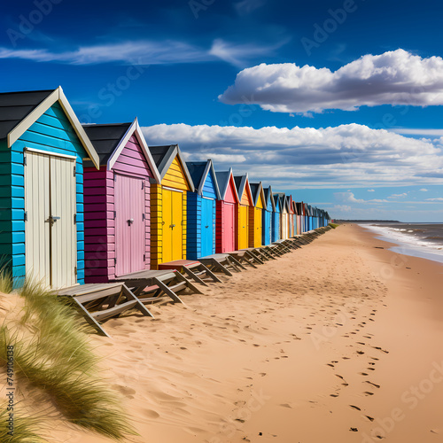 A row of colorful beach huts against a sandy shore 