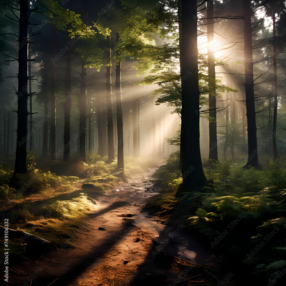 A serene forest with sunlight filtering through the trees.