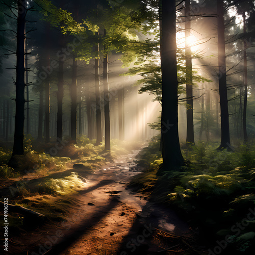 A serene forest with sunlight filtering through the trees.