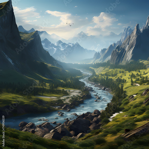 A serene river winding through a mountain valley.