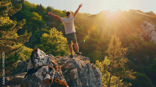 Happy man with arms up jumping on the top of the mountain - Successful hiker celebrating success on the cliff - Life style concept with young male climbing in the forest pathway photo
