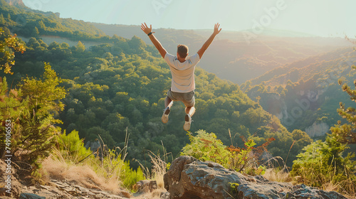 Happy man with arms up jumping on the top of the mountain - Successful hiker celebrating success on the cliff - Life style concept with young male climbing in the forest pathway