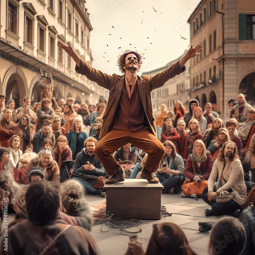 A street performer entertaining a crowd in a city square. photo