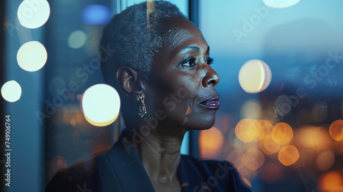 Portrait of a mature and thoughtful African American female business leader looking out the window with a view of the city at night, thinking about her ambitious plans photo