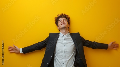 Handsome young man in business attire expressing himself by He spread both his hands out, showing his freestyle and ease as he smiled. After a successful lunchtime business meeting