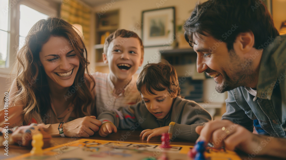 A family laughing together while playing a board game. - obrazy, fototapety, plakaty 