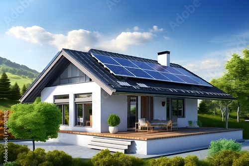 Modern suburban house with solar panels on a sunny day promoting sustainable living  New suburban house with a photovoltaic system on the roof  © Khizar