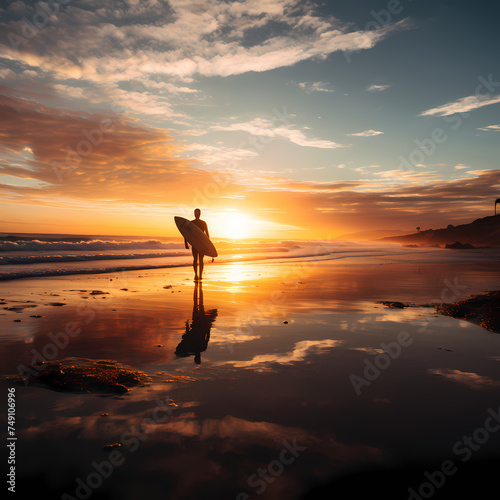 A surfer walking along the shoreline at sunrise.