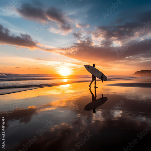 A surfer walking along the shoreline at sunrise.