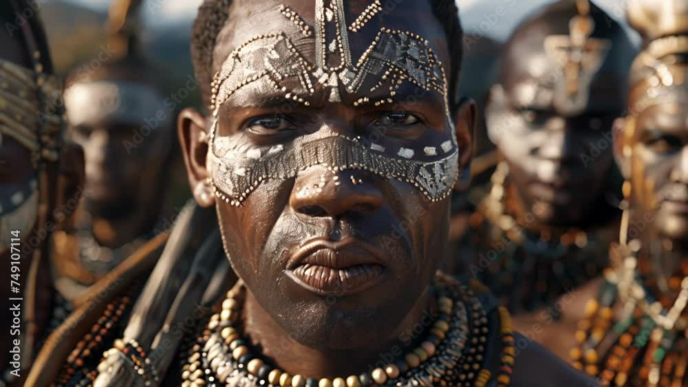 A group of Zulu warriors participate in a traditional ceremony their faces painted with intricate designs and their bodies adorned with beads. This celebration of their culture A group of Zulu warriors participate in a traditional ceremony their faces painted with intricate designs and their bodies adorned with beads. This celebration of their culture