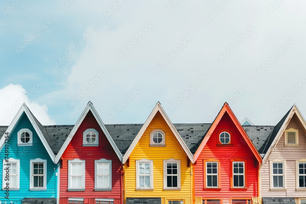 Row of colorful houses with bright red, blue, yellow, and green facades under a clear sky.
Row of colorful houses with bright red, blue, yellow, and green facades under a clear sky.