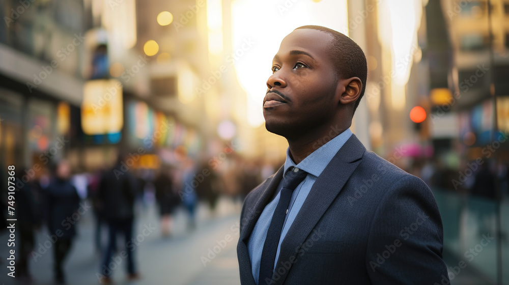 African American male executive in the middle of a busy street at dusk against the backdrop of modern office buildings, looking towards the sky, imagining future business success African American male executive in the middle of a busy street at dusk against the backdrop of modern office buildings, looking towards the sky, imagining future business success
