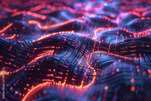 Vivid digital landscape with glowing neon waves symbolizing data flow