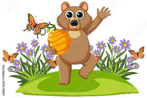 Cartoon bear holding honey with butterflies around.