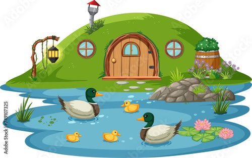 Vector illustration of ducks near a whimsical pond house