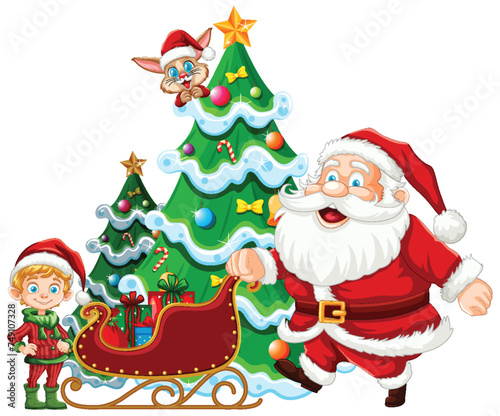 Santa Claus, elf, and cat by a decorated Christmas tree.