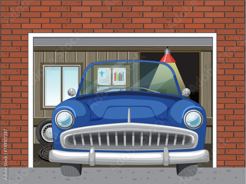 Classic blue car inside a residential garage
