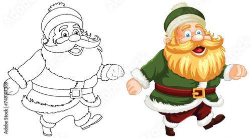Black and white and colored Santa illustrations side by side.