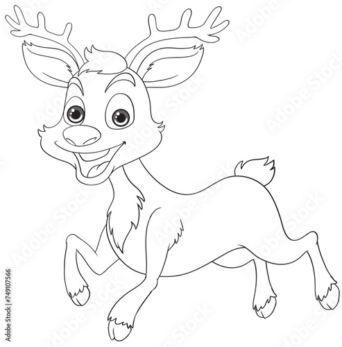 A playful reindeer cartoon character in black and white.