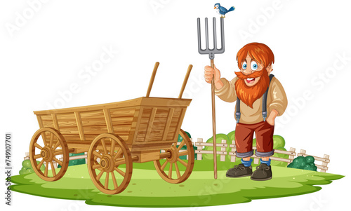 Smiling farmer standing next to a wooden cart.