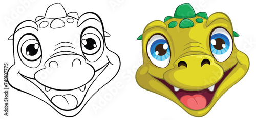 Colorful, happy dinosaur face with a playful expression