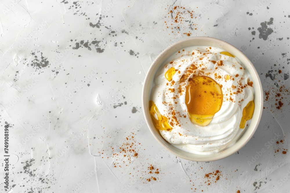 Fresh yogurt with golden honey and a sprinkle of cinnamon on a marbled surface. Fresh yogurt with golden honey and a sprinkle of cinnamon on a marbled surface.