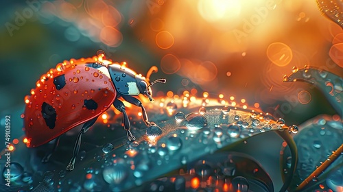 Against the backdrop of a warm sunrise, a green leaf hosts a red ladybug adorned with dewdrops as it crawls gracefully