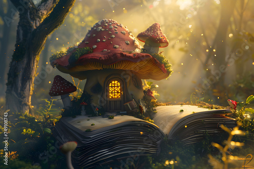 an open book with a small fairy house inside surrounded by a forest