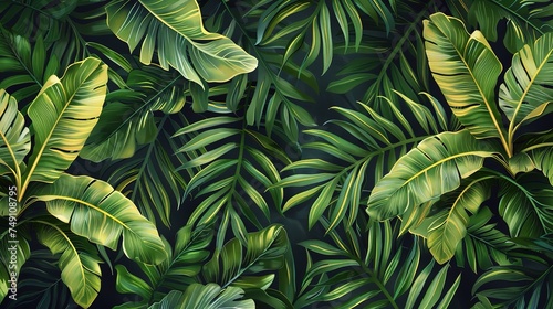 tropical banana leaf texture, large palm foliage nature dark green background photo