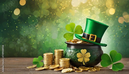 St. Patrick's Day card with leprechaun treasure and pot of gold coins, green hat and shamrock photo