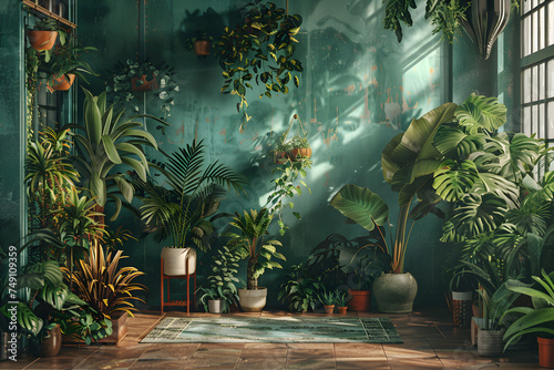 a retro photorealistic lively tableau with lots of plants