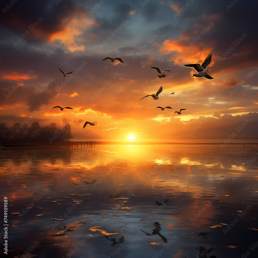 Birds in flight against a breathtaking sunset.