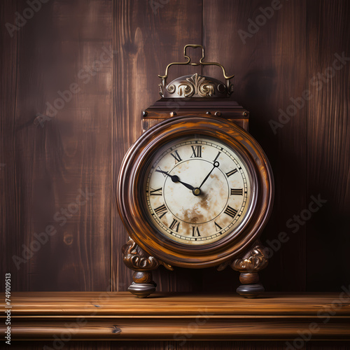 Antique clock on a weathered wooden shelf.