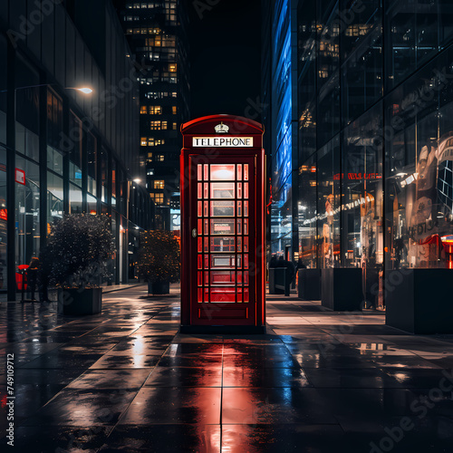 Classic red phone booth in a modern city.