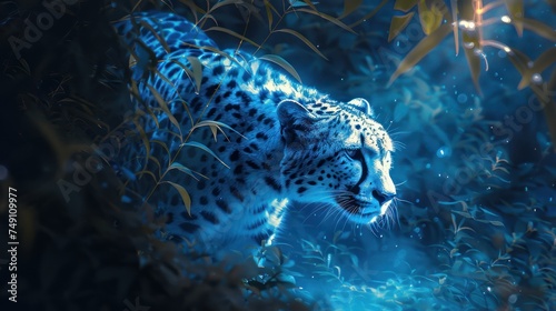 Stealth Speed Survival Adaptation Instinct a blue cheetah hunting among the shadows of an underwater forest minimalist style highlighting the interplay of light and shadow