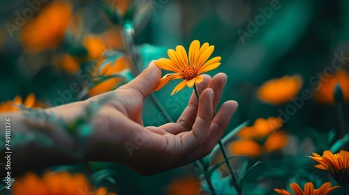A hand reaching out to pluck the petals off a vibrant flower a metaphor for the way toxic individuals can drain the life from those they encounter
