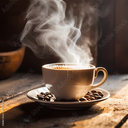 Close-up of a steaming cup of coffee on a rustic table.