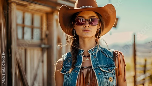 A westerninspired look with a denim vest fringe skirt and a cowboy hat. photo