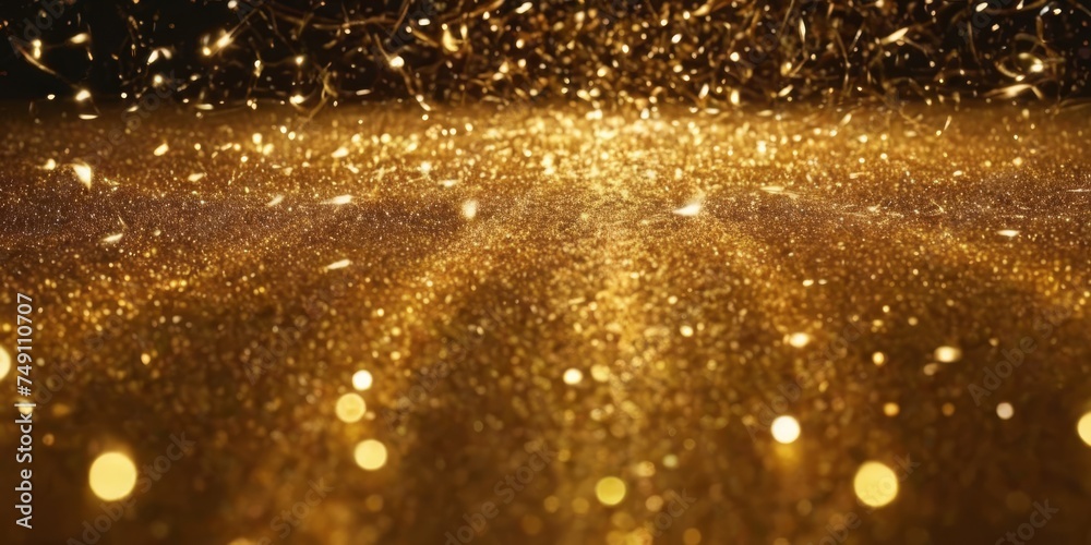 Glitter celebration texture. Golden stream with particles. Abstract background with magic lights and sparks.