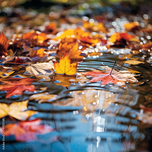 Colorful autumn leaves reflected in water. 