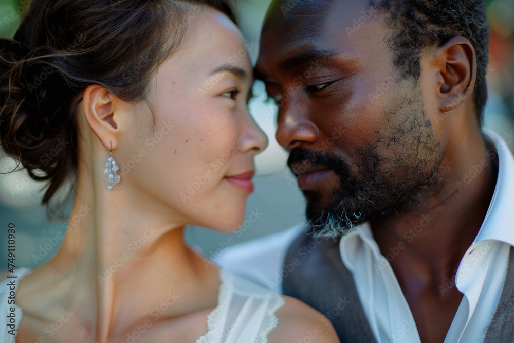 Naklejka premium A close and personal portrait of a multicultural couple exchanging a loving gaze, highlighting their elegant attire and intimate connection