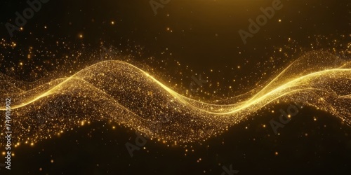 Digital gold particles wave and light abstract background with shining dots stars