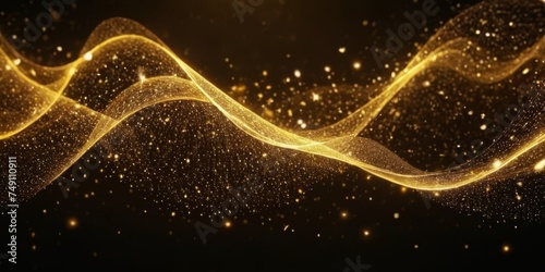 Digital gold particles wave and light abstract background with shining dots stars