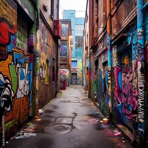 Colorful graffiti-covered alley. © Cao