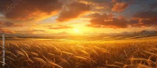The sun is setting over a vast wheat field, casting a golden hue over the serene landscape. The tall stalks sway gently in the evening breeze as the day comes to a close.