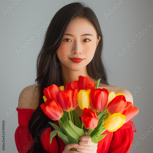 A beautiful Asian woman holding red and yellow tulips, Illustration.